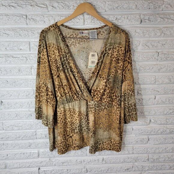 Faded Glory Womens Top 26W 28W Plus Brown Animal Print Split Tied ANI29E - Picture 1 of 10